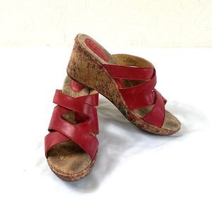 Born 9 Red leather wedge sandal slip on cork wrapped wedge